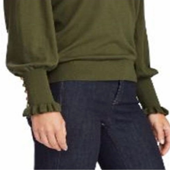 Lauren Ralph Lauren Olive Green V-Neck Sweater, Gold Button Cuff Detail Size SP - Picture 5 of 13